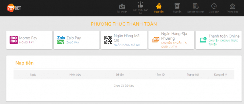 Nạp tiền 789BET qua ví điện tử Momo hoặc Zalo Pay